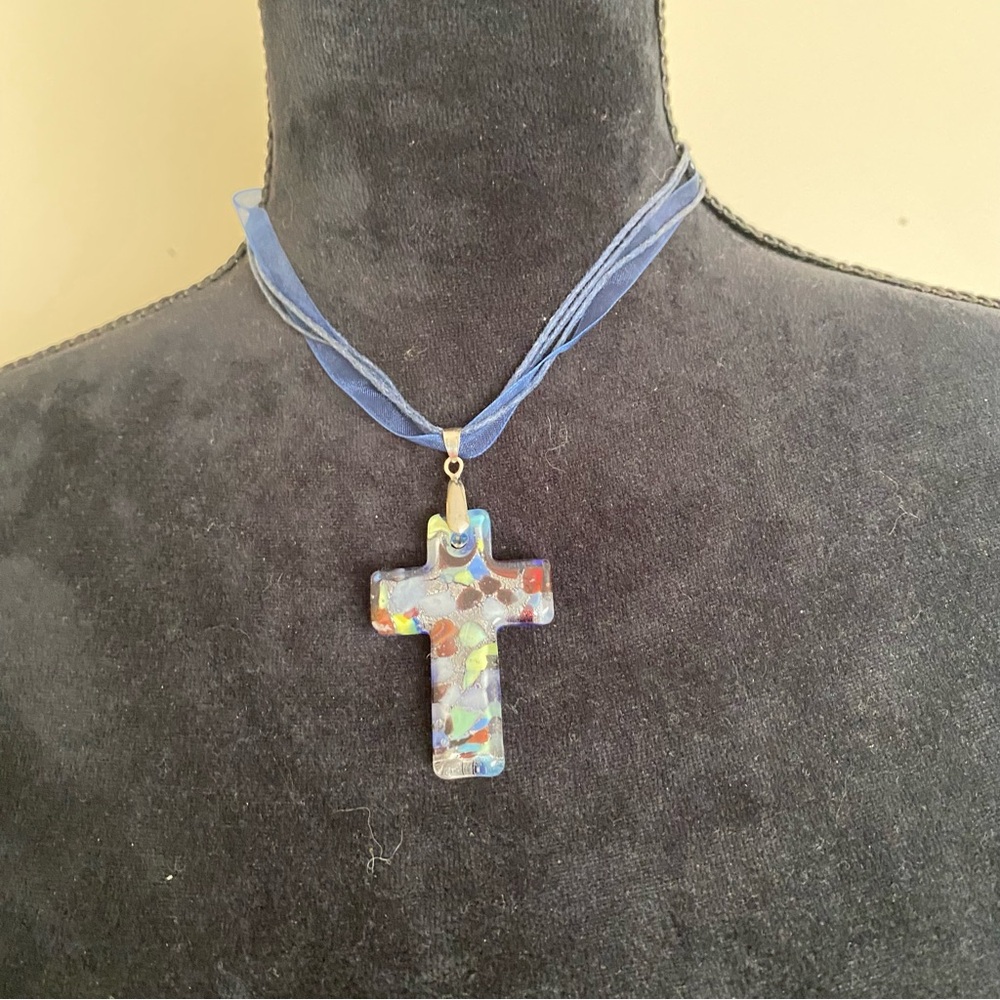 Blue Glass Multicolored Cross Pendant Necklace